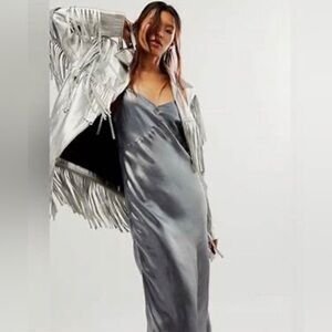 Free People Intimately Drop Everything Bias Slip, Silver Size Large NWT